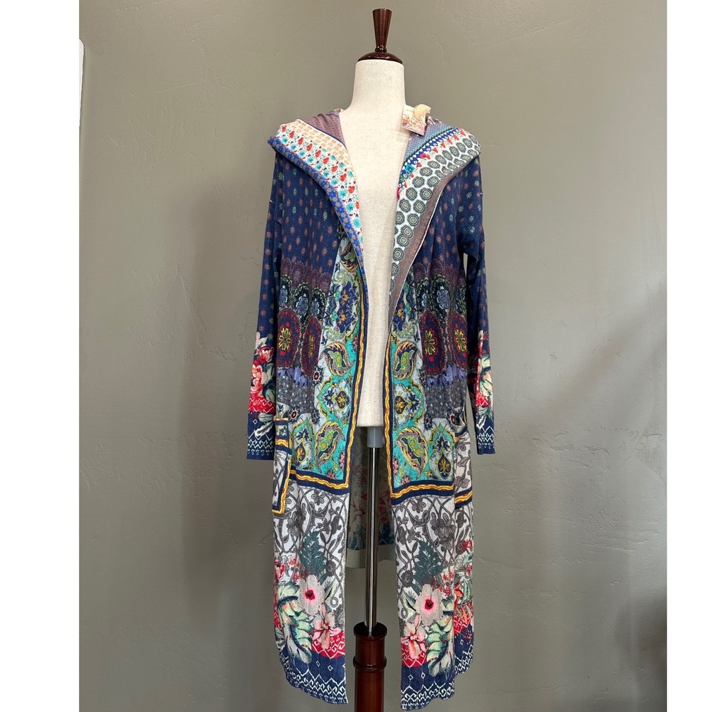 NWT Johnny Was Hooded Cardigan S Cashmere Cotton Patchwork Long Duster Sweater